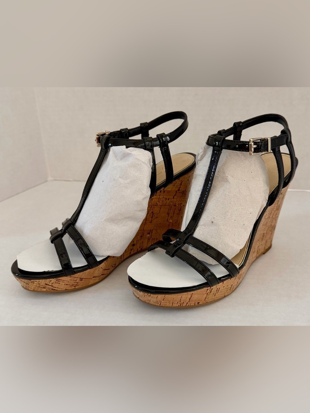 NWT Jessica Simpson Jardina Black Patent Cork Wedge Sandals Size 7M - Picture 4 of 15